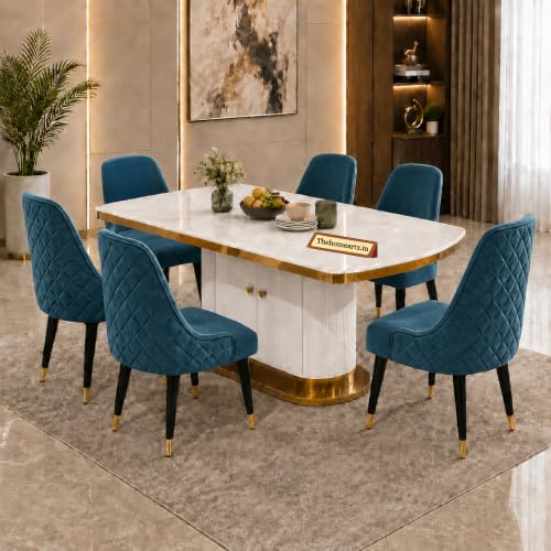 Image of 6-Seater Modern Elite Opal Storage Wooden Dining Table Set | 2 Year Warranty | Created Italian Statuario Marble Top | Elegant Composite Marble Table with 6 Chairs (Sea Blue)