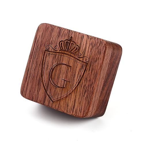 Image of Mens Initial Silver Cufflinks A-Z Alphabet Letter Steel Cuff Links with Engraved Walnut Wood Box Groom Groomsman Wedding Set