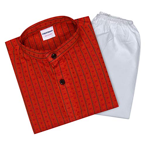 Image of superminis Baby Boys Traditional Ethnic Wear Handloom Cotton Solid Pattern Kurta With White Pyjama Set