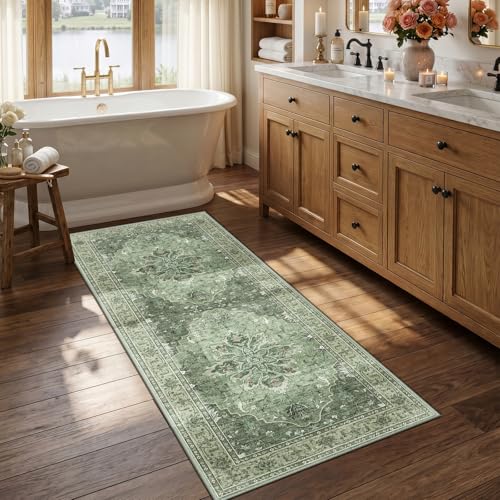 RELEANY Washable Area Rug, Runner 2'6"x5', Green/Dark Green/Gray