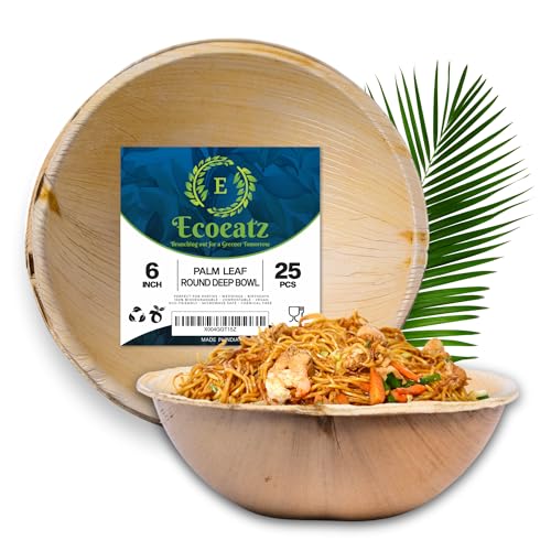 ECOEATZ Palm Leaf Bowls 25 Pack - 6 Inch All Natural Round Palm Leaf Bowls, Disposable Bamboo Bowls, Sustainable and Compostable Heavy-Duty Bowls for Soup, Dips, Catering, Weddings, and Parties