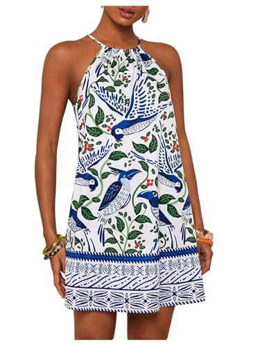 Image of SweatyRocks Women's Tropical Print Halter Dresses Sleeveless Holiday Summer Mini Dress