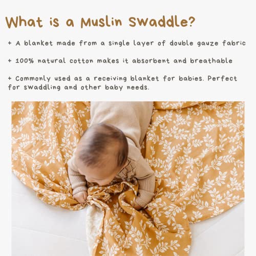 Image of Mini Wander Swaddles for Newborns Muslin Swaddle Blankets - Breathable Soft Gender Neutral Receiving Blanket Baby Essentials | 47 x 47 Cotton - Leafy Sprig (Mustard)