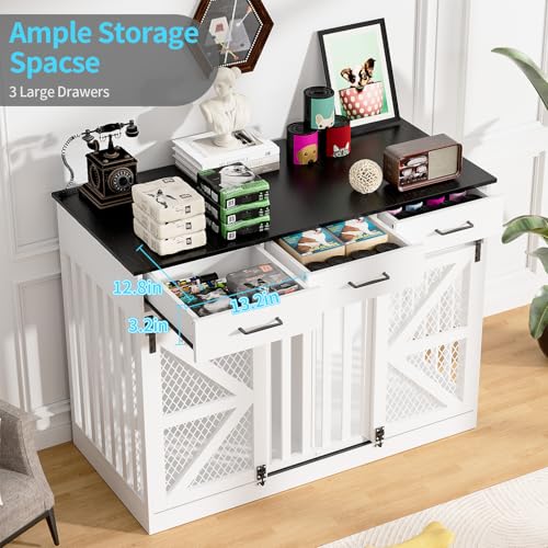 kepptory 48\'\' Dog Crate Furniture with Removable Divider & Storage Drawers, Wooden Double Dog Cage TV Stand with 2 Sliding Barn Doors, Multi-Functional Dog Crate End Table for Indoor use (White) - Thumbnail 5
