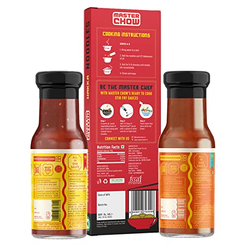 Image of MasterChow Sweet And Spicy Noodle Pack With Hakka Noodles (300G) + Chilli & Garlic Bang Bang (220G)+ Sweet & Spicy Delhi Belly (220G) Cooking Sauce | Serves 4-5 Meals,740 Gm