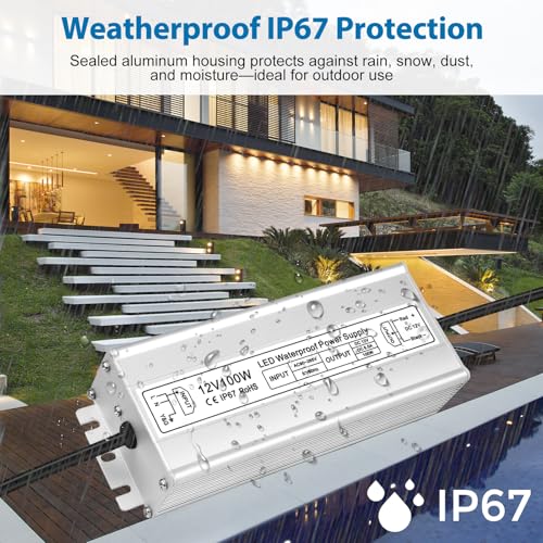 Image of LED Driver 100W 12V Power Supply, IP67 Waterproof Low Voltage Transformer, AC 90-265V to DC 12V 8.5A Converter for Outdoor Landscape Lighting and LED Strip Lights, with 3-Prong Plug 3.3 Feet Cable
