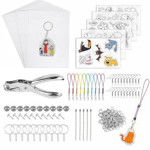 Zenovate Kit Plástico Mágico Horno 198 Piezas, Láminas Encogibles DIY Set con Perforadora, Llaveros, Ganchos para Pendientes, Broches y Lápices de Colores, Manualidades para Niños