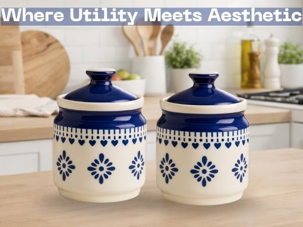 Image of Classyo Ceramic Storage Containers - 600 ml, Salt Container, Pickle Jar with lid, Ceramic Jars for Kitchen Storage for Achar and Namak (Blue Floral, Set of 2)