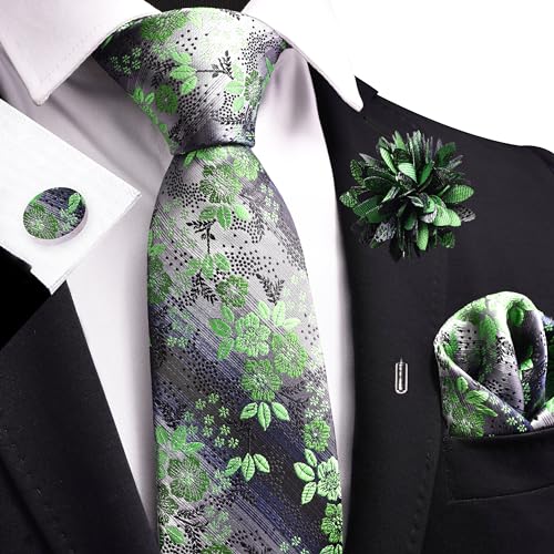Image of GUSLESON 3.15 inch(8cm) Mens Floral Tie and Lapel Pin Necktie Hankerchief Cufflinks Set for Men