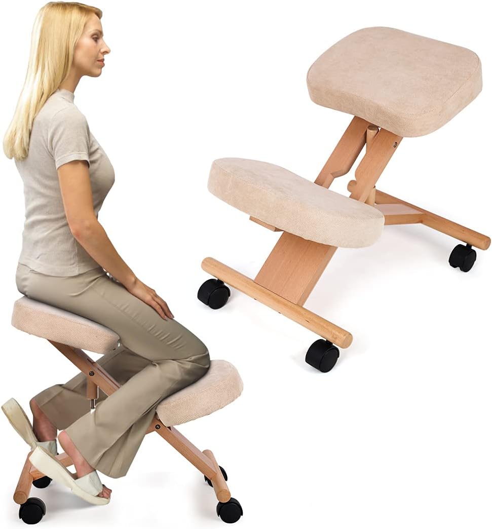 HALEDAZE Adjustable Wooden Ergonomic Kneeling Chair Home Office Computer Chair for Relieve Pain with Beige Fabric