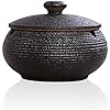 Airmsa Asbak met deksel, asbak voor buiten, retro keramiek windasbak, geurdicht, voor thuis, kantoor, woning, slaapkamer, balkon, salontafel, decoratie (zwart)