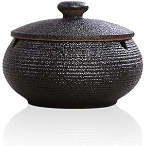 Airmsa Asbak met deksel, asbak voor buiten, retro keramiek windasbak, geurdicht, voor thuis, kantoor, woning, slaapkamer, balkon, salontafel, decoratie (zwart)