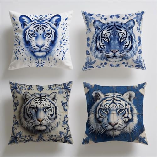 Funda Cojin 60 x 60, Cojines Sofa Exterior Juego de 4, Fundas de Cojines Azul Tigre Suave Terciopelo Fundas Almohada Decorativos, Impresión a Doble cara, Cojin Exterior Jardin, Home Decor Regalo T-380