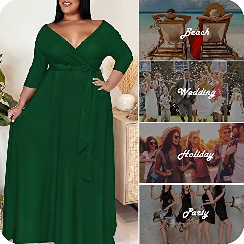 Image of Nmoder Plus Size Maxi Dress for Women - Summer Casual 3 /4 Sleeve Floral Flowy Long Dress with Belt XL- 6XL
