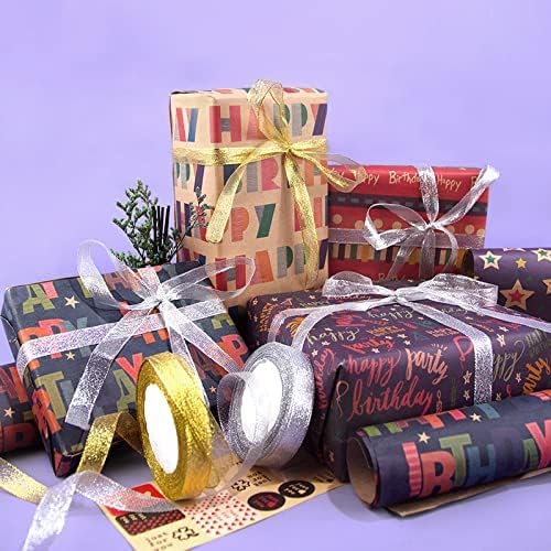 Toptap Gift Wrap for Multi-Occasion 6 X Eco Birthday Sheets &2 Rolls Organza Ribbons Premium Recyclable Roll From 100% Recycled, Paper, Multicolor, 70x50 cm (Pack of 6)