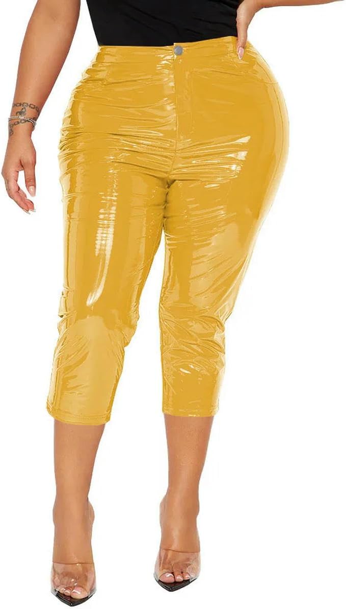 Faux Leather Women Pants High Waist Bodycon PVC Streetwear Slim Party Club Capris