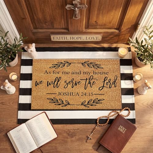 Moucuny 2 Pcs Christian Door Mat 24 x 35 Black and White Striped Outdoor Rug 16 x 28 as for Me and My House We Will Serve the Lord Non Slip Welcome Coir Mat for Front Decor