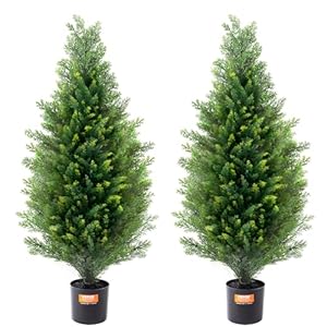 VEVOR Artificial Topiary Cedar Tree, 36 inch Tall (2 Pieces), with Extra Leaves & Pot Faux Evergreen Fake Pine Cypress Trees Plant, UV Rated Artificial Greenery Set for Home Decor Indoor/Outdoor