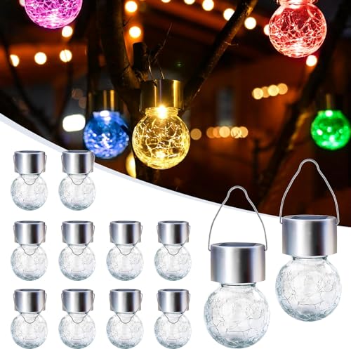 GIGALUMI Lot de 12 lampes solaires d'extérieur à suspendre pour décoration de Noël, lampes solaires en verre craquelé, étanches pour jardin, cour,...