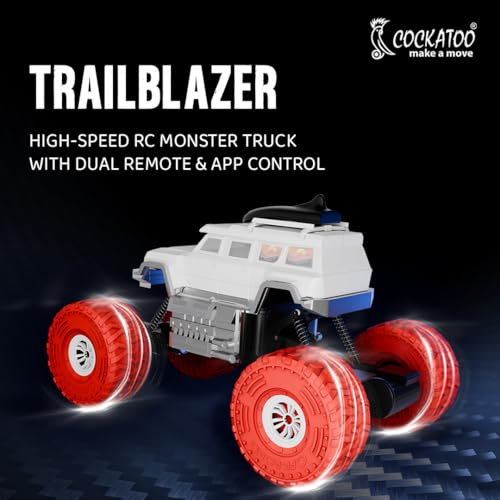 Image of Cockatoo-Kids Trailblazer 2WD Rechargeable Remote Control Car with App & Remote, Off-Road Monster Truck Toy for Boys Girls, Nitro Boost, Shock Absorber, Bluetooth Speaker, Fast USB Charging, White