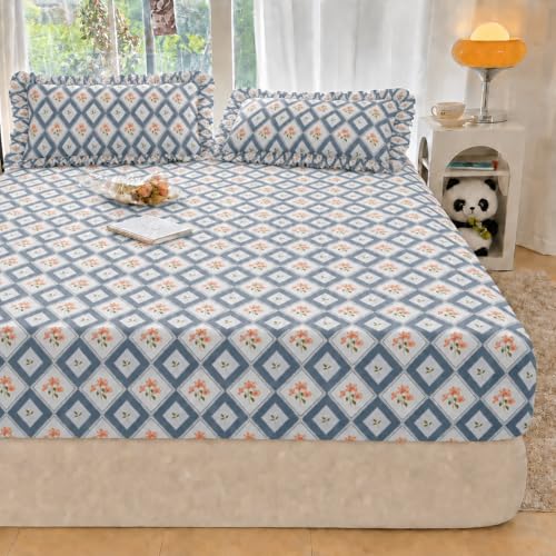 Image of VOMZER King Size (72x78) 300 TC Soft Cotton Feel Microfiber All Around Elastic Fitted Double Bedsheet with 2 Frill Pillow Covers | Grey Blossom Check