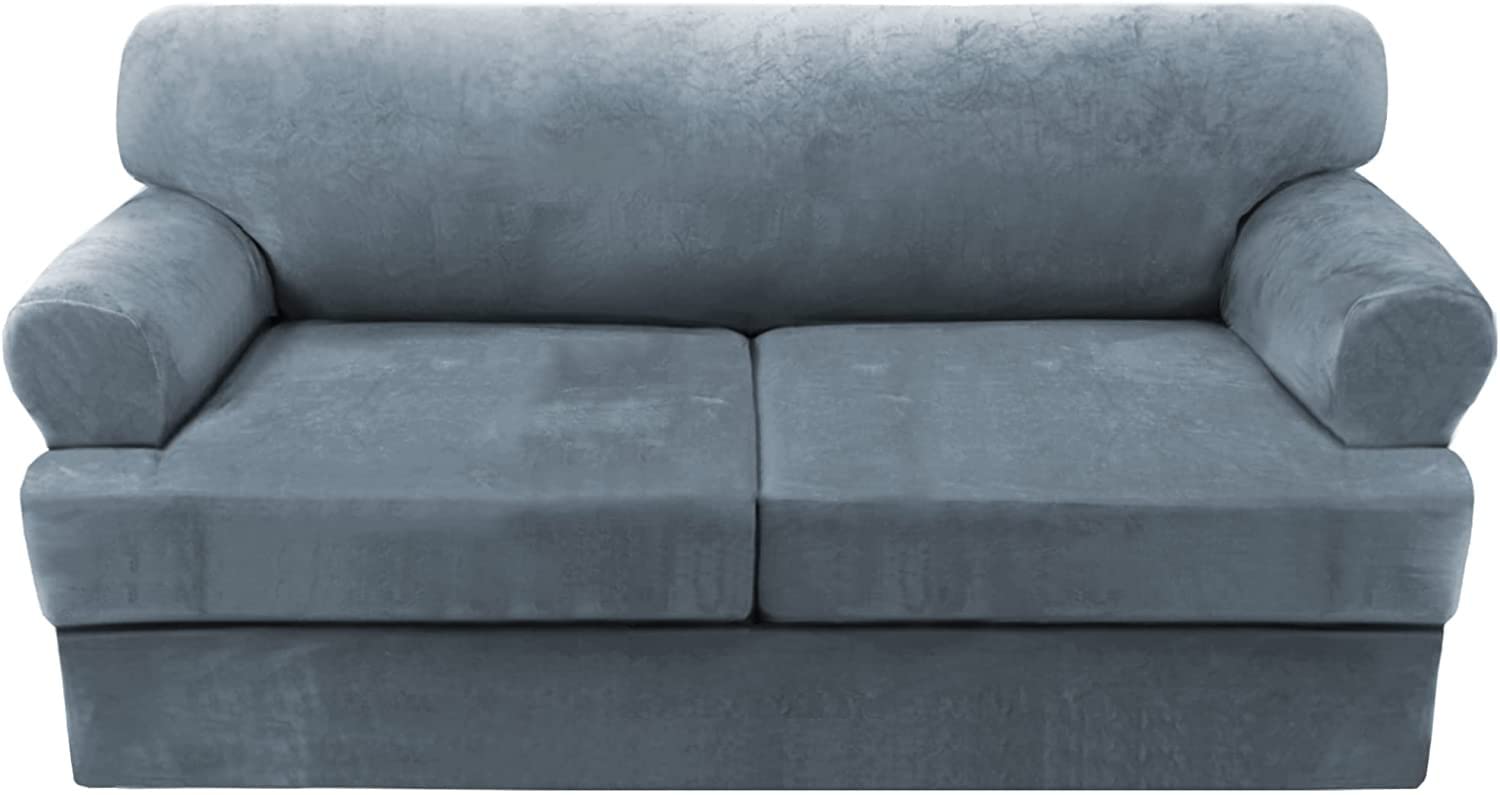 LINGKY Velvet Sofa Covers with Separate T Cushion Covers Ultra Soft Plush Sofa Slipcover No-Pilling Washable Furniture Protector with Elastic Bottom (Stone Blue,2 Cushion Loveseat)