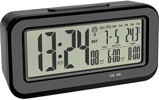 TFA Dostmann Digitaler Funk-Wecker BOXX, mit Innentemperatur, per USB aufladbar, Kunststoff, schwarz, L 142 x B 45 x H 73 mm