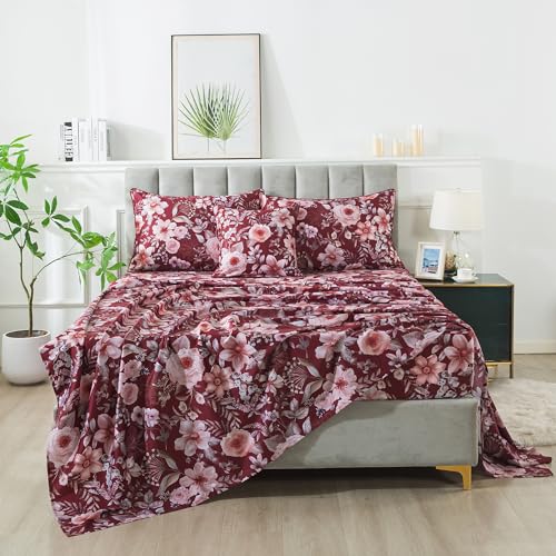 Image of FADFAY Rose Floral Sheets Cal King Vintage Red Floral Bedding Shabby Pink Peony Sheets Farmhouse Bedding 800 Thread Count 100% Egyptian Cotton Soft Deep Pocket Fitted Sheet 4Pcs, California King Size