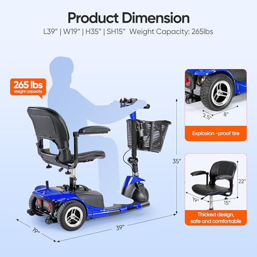 Image of 3 Wheel Mobility Scooters for Adults，Collapsible Electric Powered Wheelchair，Portable Compact Motorized Scooter for Travel，Long Range Power，Battery with Charger，Basket and Cup Holder (Blue)