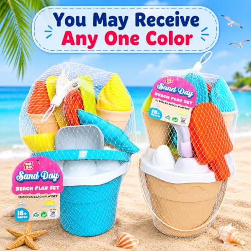 Image of WISHKEY Beach Toys for Kids 10 Pcs Ice Cream Beach Set, Sand Bucket & Molds with Shovel, Rake & Scoop, ABS Plastic Sand Toy Set for Boys & Girls, Beach, Sandbox & Outdoor Play, 18+ Months