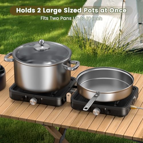 OGERY 2-Burner Foldable Camping Stove with Griddle (Textured & Smooth) and Carrying Bag, Portable Propane Camp Stove with 2 Adjustable Burners & Piezo Ignition, for Camping Tailgating Essentials Gear - Image 4