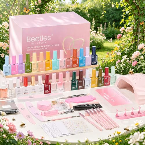 Image of Beetles 64Pcs Gel Nail Kit with U V Light and Nail Tips -25 Color HEMA-FREE Gel Polish Set Sunday Garden Pink Nude Blue Green Brown Nails Kit with Everything Salon Manicure Tool Gifts for Girls Women