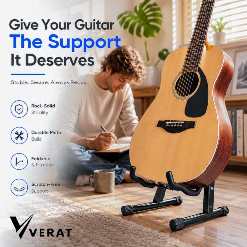 Image of VERAT Folding Guitar Stand | Heavy Duty Universal A-Frame Guitar Stand for Acoustic, Electric, Bass & Ukulele | Portable Foldable Floor Stand with Soft Foam Padding & Anti-Slip Rubber Feet | Black