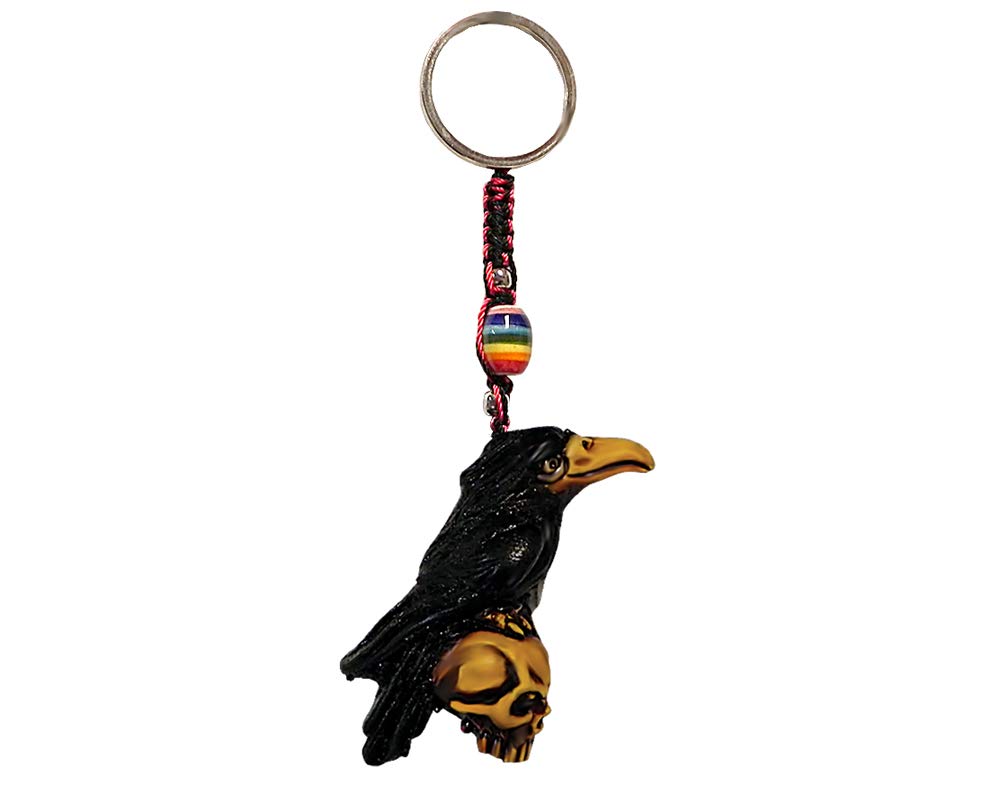 Raven on Skull Gothic Animal 3D Figurine Keychain Multicolored Macramé Metal Ring - Handmade Gifts Boho Car Keys Bag Accessories