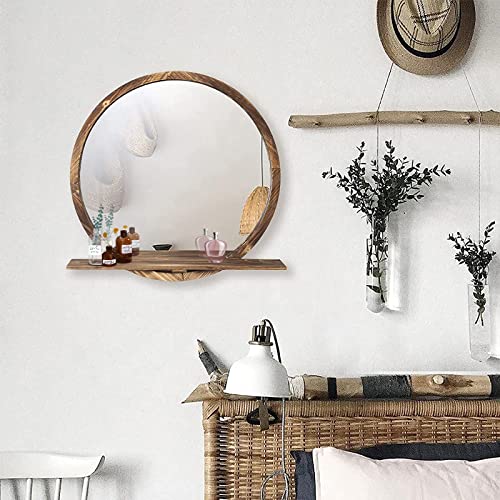 Wood Round Mirror 20 Inch with Shelf, Wood Frame Mirror for Bathroom Bedroom Living Room Entryway, Modern Decorative Large Round Wall Mirror Hanging Wooden Rustic Farmhouse Mirrors Circle - Image 3