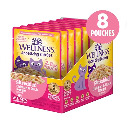 Image of Wellness Appetizing Entrees Shredded Adult Wet Cat Food, Natural, Protein Rich, Grain Free, Chicken and Duck Recipe, 2.8 oz, Pack of 8 Pouches