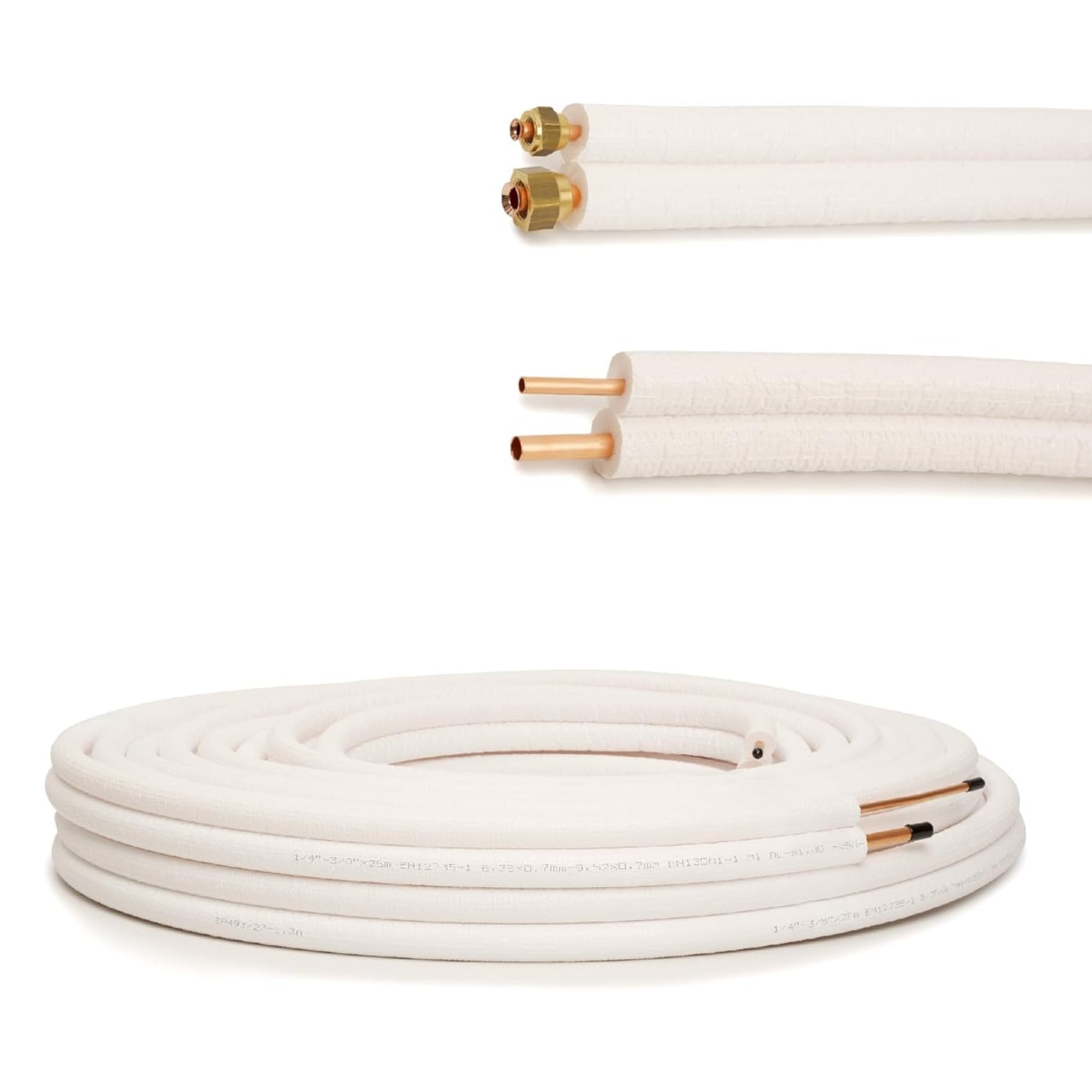 Kit Tubi Rame Climatizzatore 3 Metri Precartellati 1/4" + 3/8" con Raccordi, Isolati Guaina Ignifuga per Condizionatore Split R32 R410A R407C