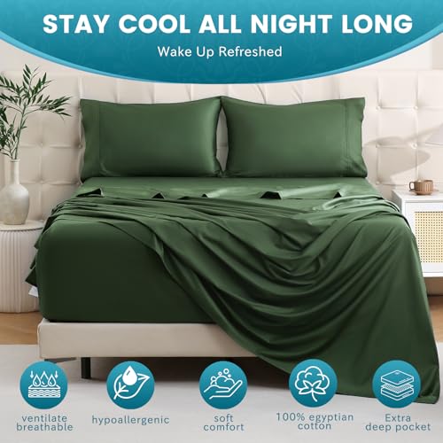 Bedlifes Queen Sheet Set, Extra Deep Pocket 18-24 Inches,1000Thread Count 100% Egyptian Cotton, Soft and Breathable Sateen 4-Piece,Forest Green