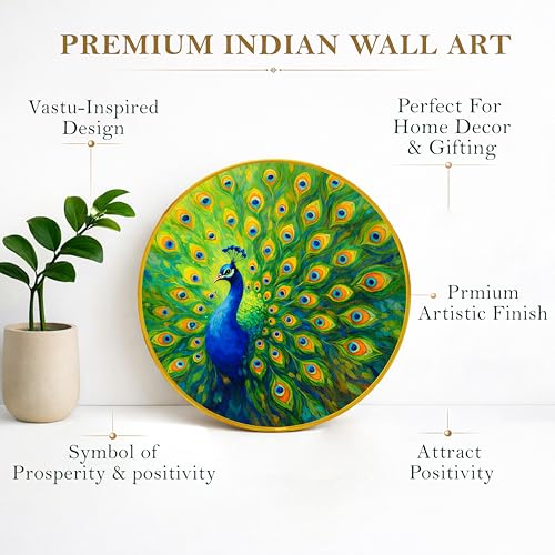 Image of Peacock Round Wall Art Painting With Frame For Living Room| Vastu-Inspired Wall Art Framed Painting | Round Artistic Wall Hanging for Home, Bedroom, Office & Gifting, 12 Inch