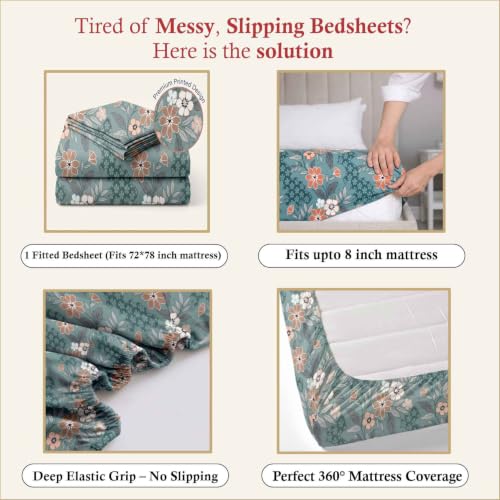 Image of Dream Weaverz- Polycotton Printed Double Bed Size Fitted Elastic Bedsheet,2 Pillow Cover,260 Thread (72 inch x 78 inchx7 inch) Home, Bedroom (Green-Brown, King)
