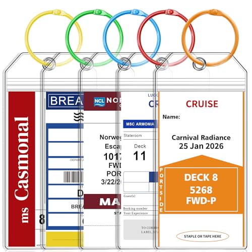 CASMONAL 5 Pack Large Size Cruise Luggage Tag Holders - Waterproof &Reusable Zip Seal with Colorful Steel Loops, Essential Cruise for Royal Caribbean, Carnival, NCL, Princess & Celebrity Ships 2026