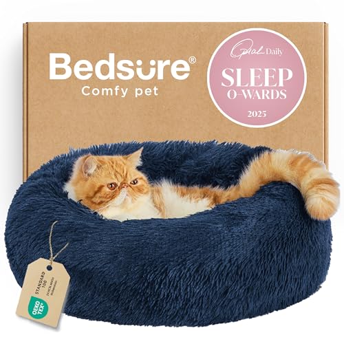 Image of Bedsure Calming Cat Beds for Indoor Cats - Small Cat Bed Washable 20 inches, Anti-Slip Round Fluffy Plush Faux Fur Pet Bed, Fits up to 15 lbs Pets, Navy