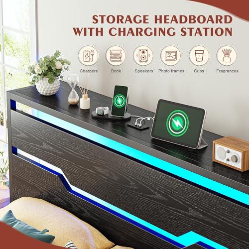King Size Bed Frame with LED Lights & Charging Station, King Bed Frame and Headboard,13" Under Bed Storage,Metal Slats Support,No Box Spring Needed, No Noise, Easy Assembly, Modern Black - Image 5
