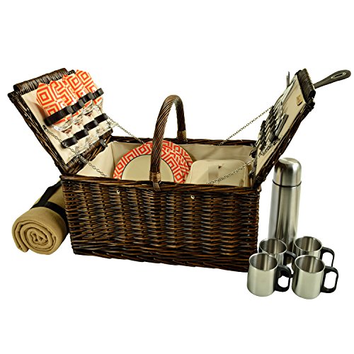 Picnic at Ascot Buckingham Willow Picnic Basket With Blanket And Coffee Service, Brown Wicker/Diamond Orange