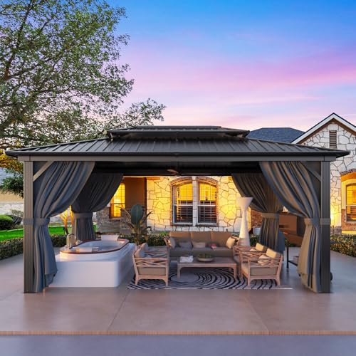 Image of HOTEEL 10x15 Hardtop Gazebo with Flame-Retardant Curtain & Netting, Hot Tub Gazebo with Galvanized Steel Double Roof, Heavy Duty Permanent Pavilion Outdoor for Patio, Frame Thickened (Upgraded 3.0)