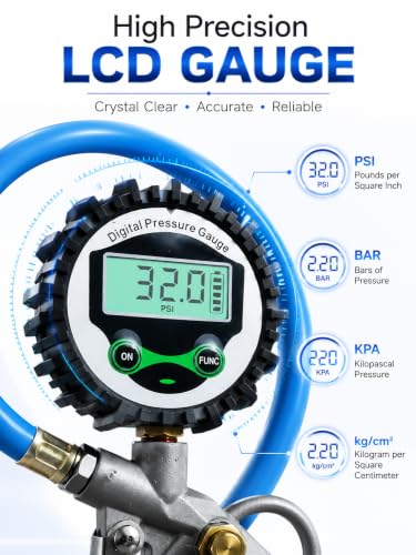 Image of Digital Tire Pressure Gauge Inflator Gun with LCD Display, Heavy Duty Air Compressor Tool with Brass Nozzle & Flexible Hose, Accurate PSI Meter for Car, Bike, Motorcycle & Bicycle Tires