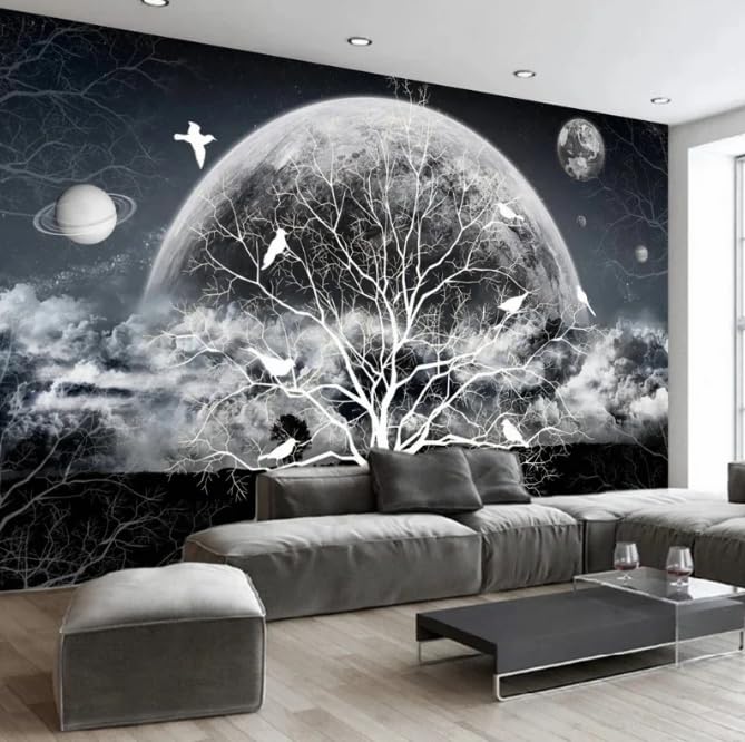 Papier art espace étoilé lune pour agrandir un mur de salon