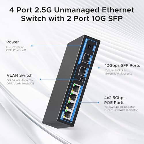 Image of PoE+ Ethernet Switch,IEEE802.3af /at, Up to 30W, 65W, 4*2.5Gb PoE with 2*SFP Uplink,60Gbps,Base-T,Desktop /Wall Mount, for AP & IP Cameras,Home,Gaming,Office,Plug & Play | Fanless Quiet