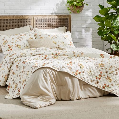 Image of Bedsure Fall Quilts Queen Size, Reversible Botanical Floral Comforter Beige