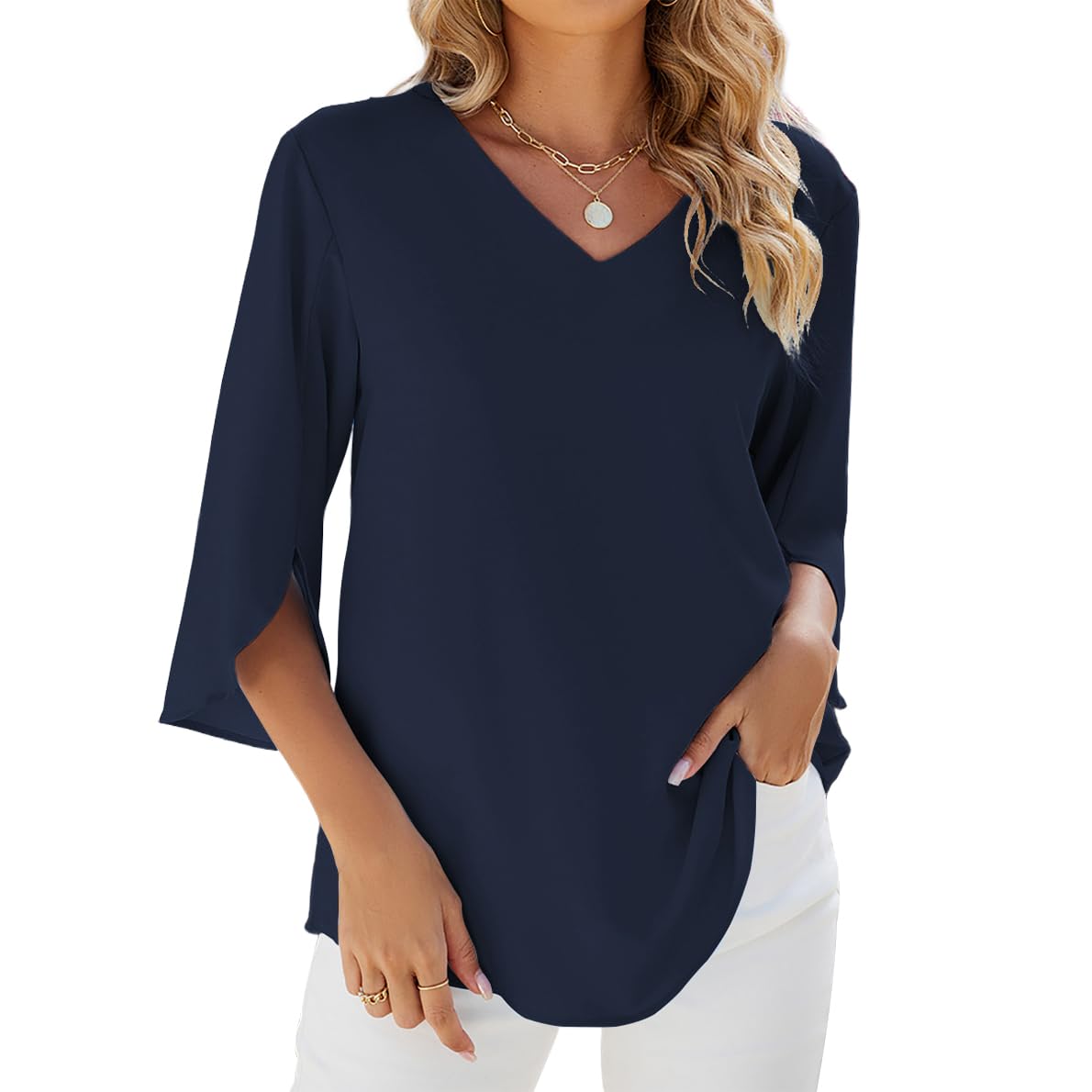 YUTILA Bluzka damska, elegancka, tunika, szyfon, bluzki damskie, top, jednokolorowa, na wiosnę, rękaw 3/4, top, bluzka